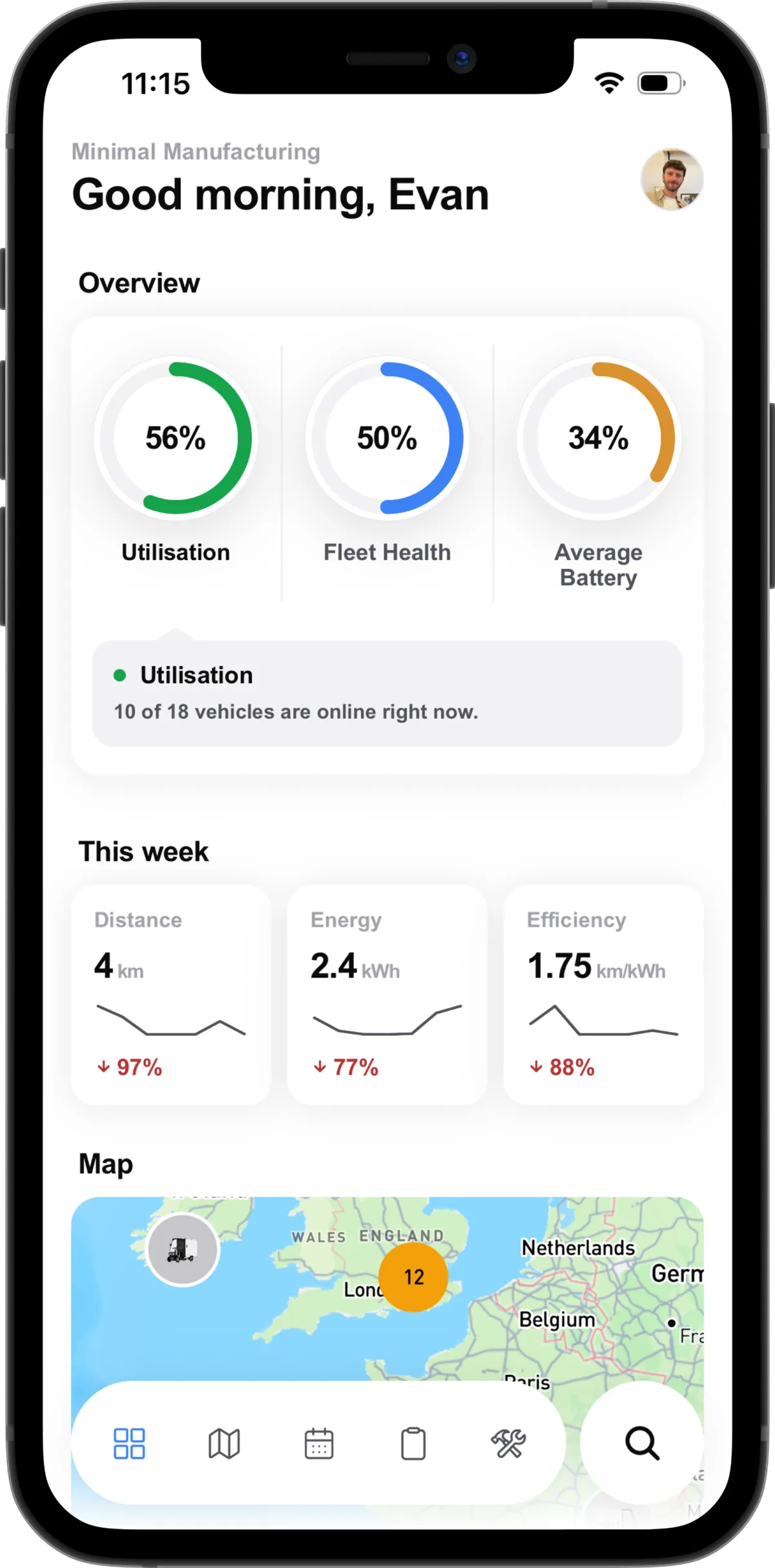 The FleetOS app on a phone, showing fleet utilisation, health and battery for the day above a live map of the vehicles
