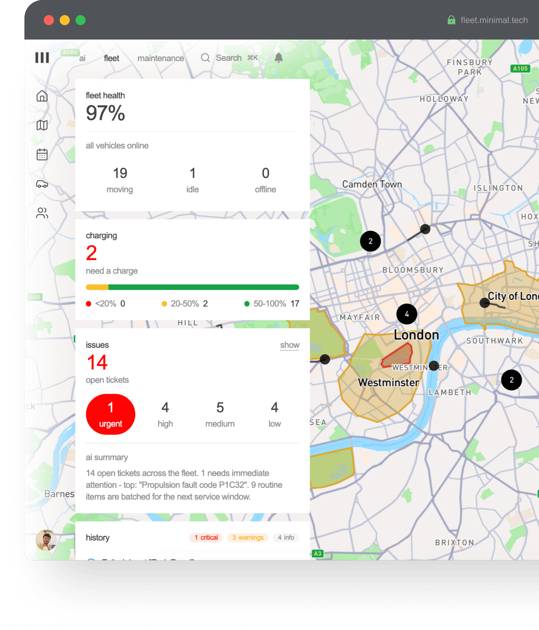 The FleetOS fleet management dashboard showing a live map of London