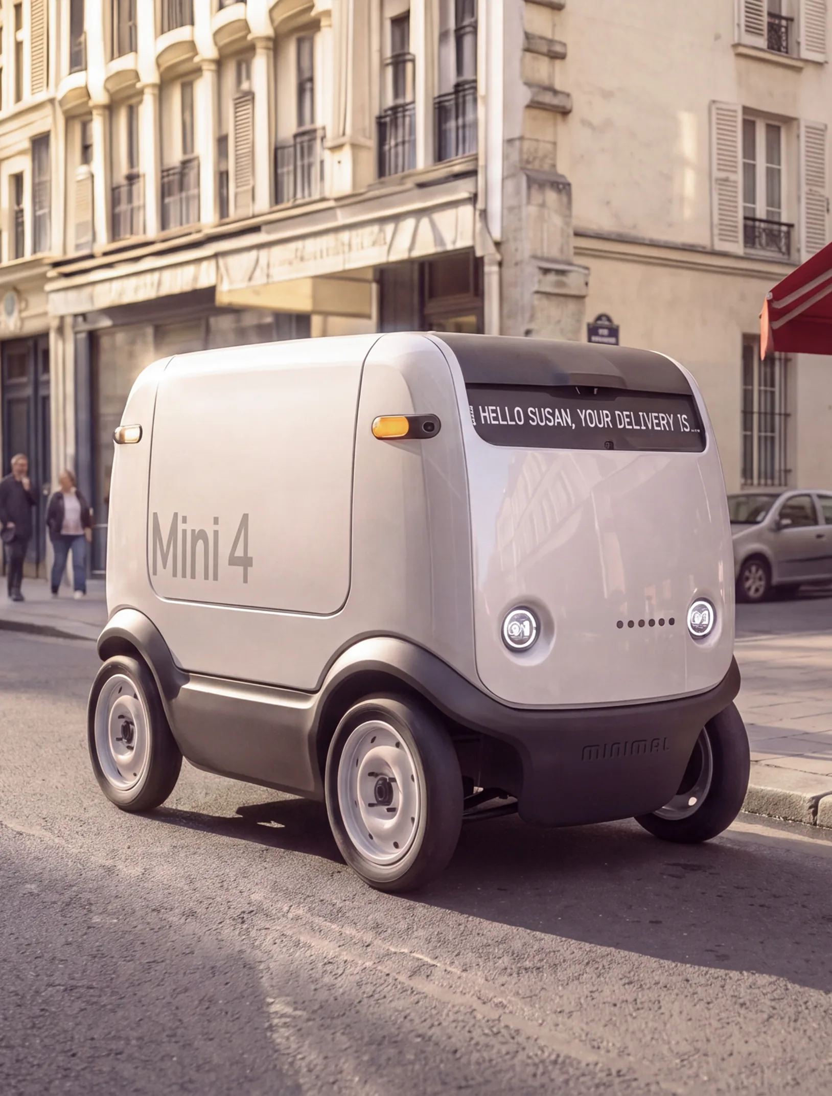 A Minimal delivery robot driving past a cafe on a Paris street