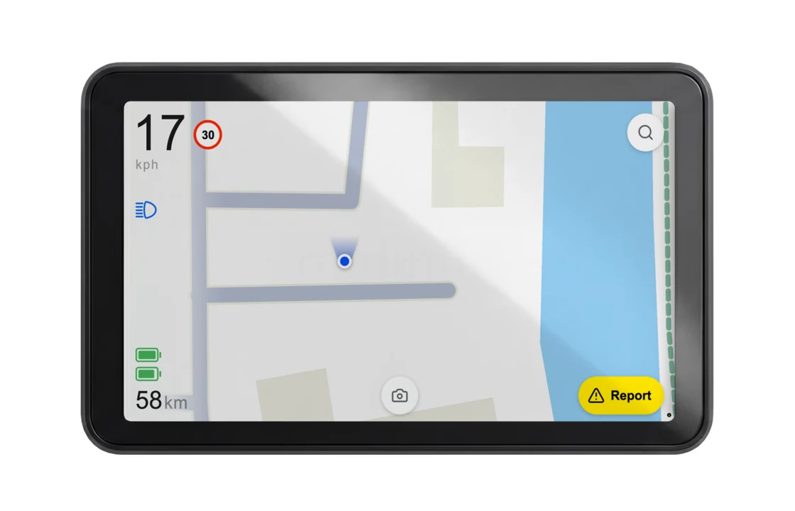 The Minimal HMI display, a dashboard screen reading 17 kph over a street map with a Report button