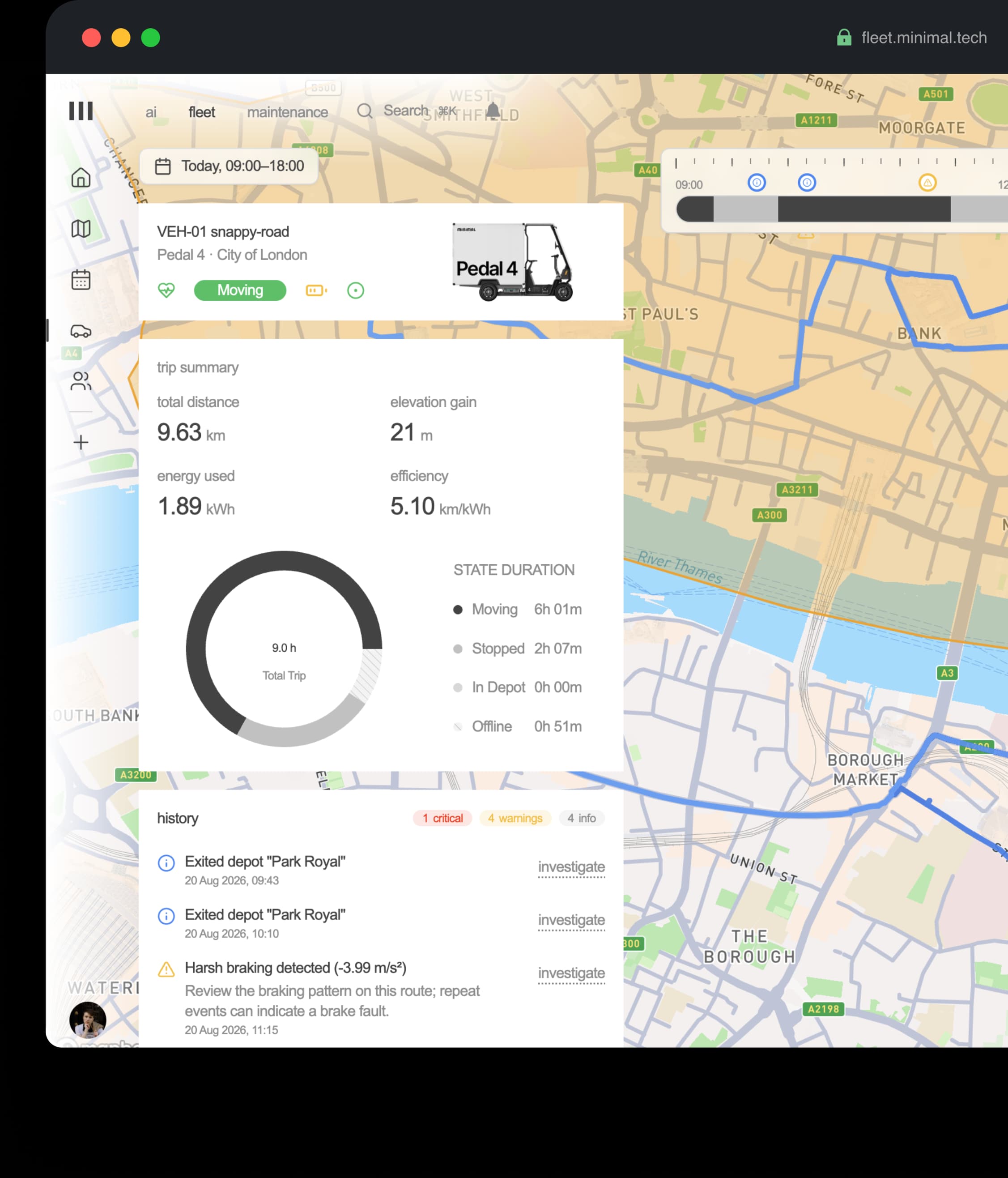 The FleetOS live map showing vehicle locations across a city