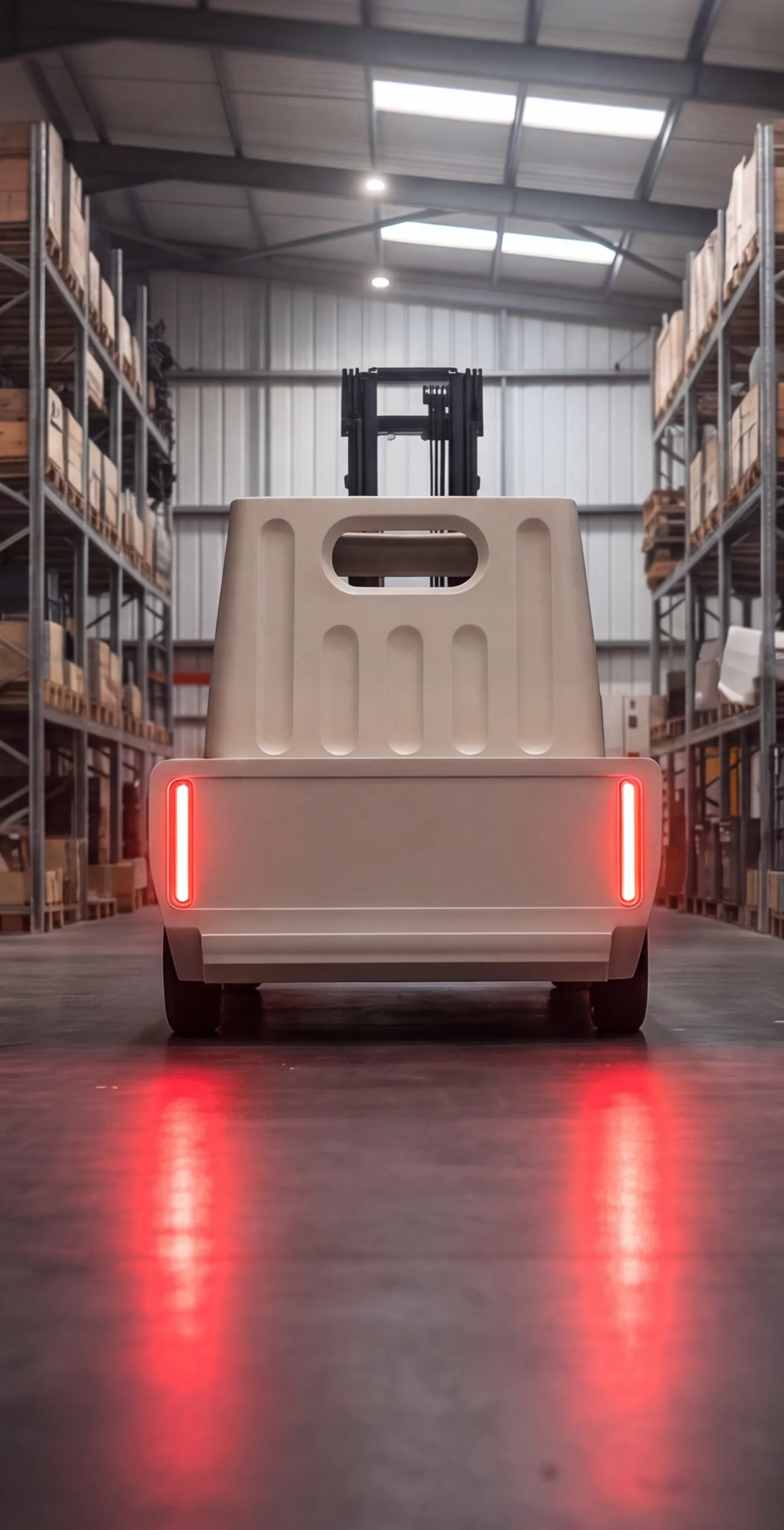 A Minimal Micro 4 driving down a warehouse aisle, tail lights reflecting on the floor
